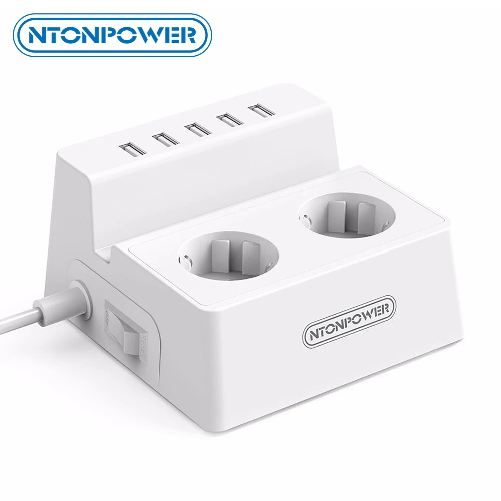  NTONPOWER Power Socket 2 AC Outlets Extension Socket 5USB Charger EU Power Plug Surge Protector for