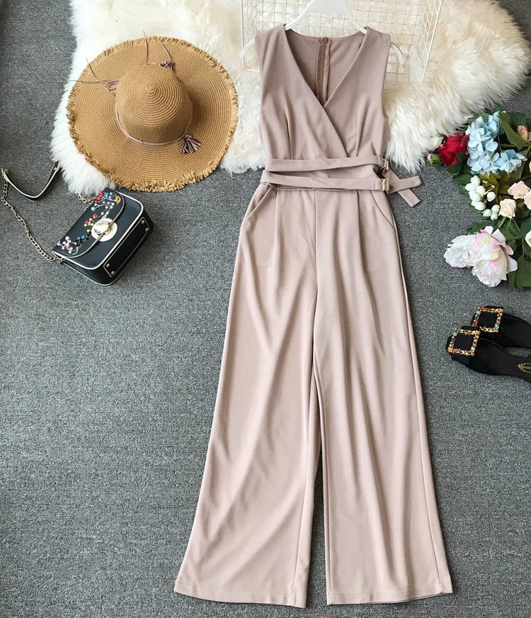 Sleeveless V-neck High Waist Sashes Wide Leg Jumpsuit