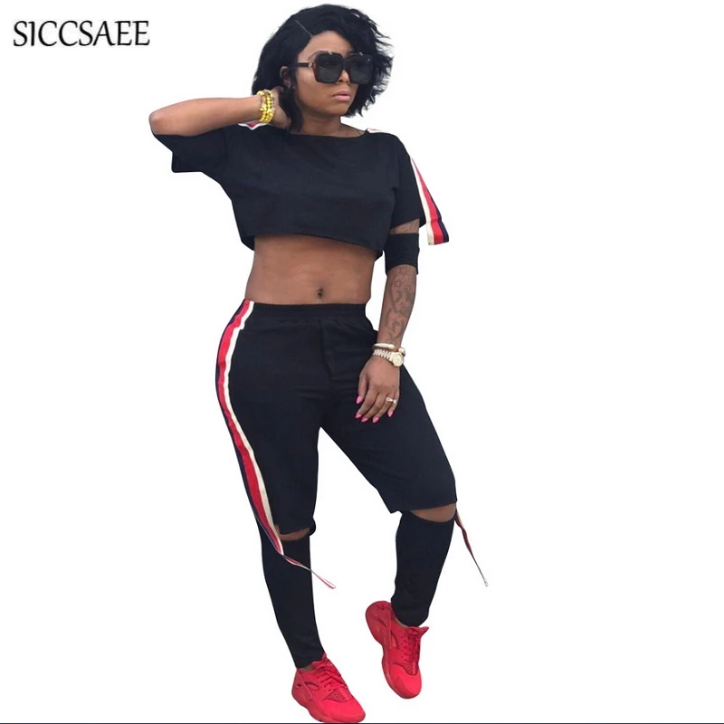 Striped Ribbons Patchwork Black Two Piece Set Women Hoodies Crop Top Pants Suits Casual Outfits Hole Streetwear Fringe Bodysuit Striped Ribbons Patchwork Black Two Piece Set Women Hoodies Crop Top Pants Suits Casual Outfits Hole Streetwear Fringe Bodysuit