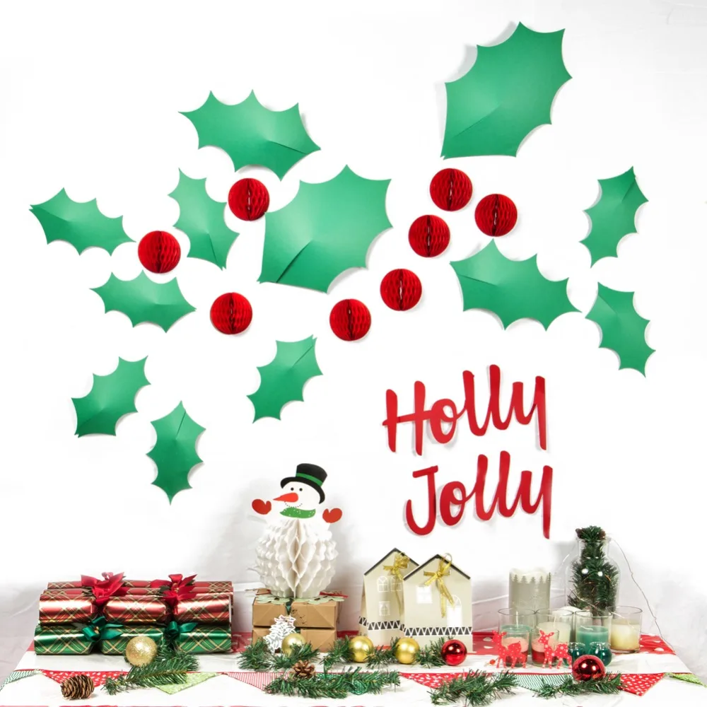 

Christmas 3D Wall Stickers Decoration Holly Jolly Mistletoe Leaves Mini Red Honeycomb Balls Ornaments Home Party Supplies DIY