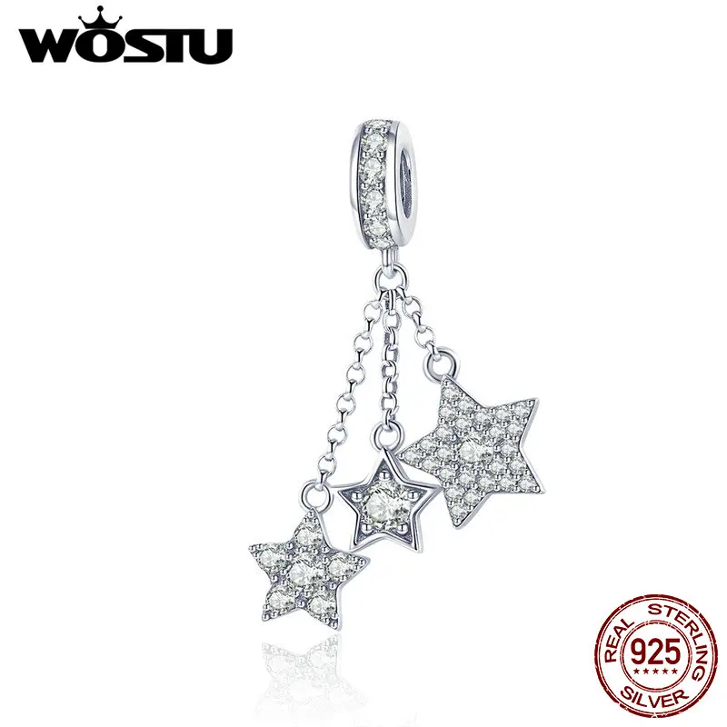 Online WOSTU Echt 925 Sterling Silber Funkelnden Stern Klar Zirkon Charm Bead fit Armband Halskette Schmuck DIY Machen Frauen Geschenk CQC881