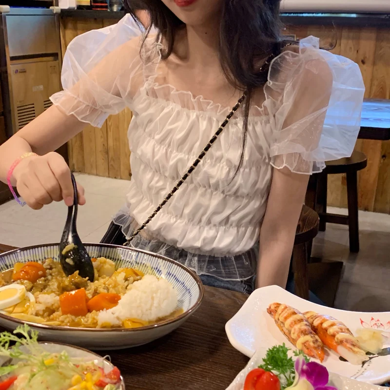 

2019 summer korean style solid color organza shirts womens short sleeve blouses off shoulder tops (C6556)