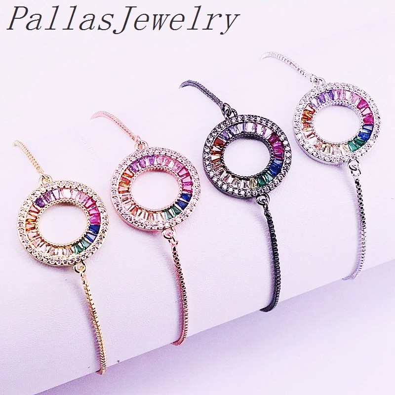 

10Pcs Fashion Micro Pave Colorful CZ Round Adjustable Slide Chain Charming Femme Multi Zirconia Rainbow Bracelets