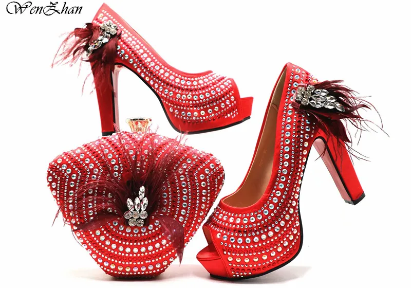 Hot Selling To Match Italian High Heel Shoe and Bag Sets Beautiful Red Color Women Shoe and Bag Sets For Wedding Party E812-26