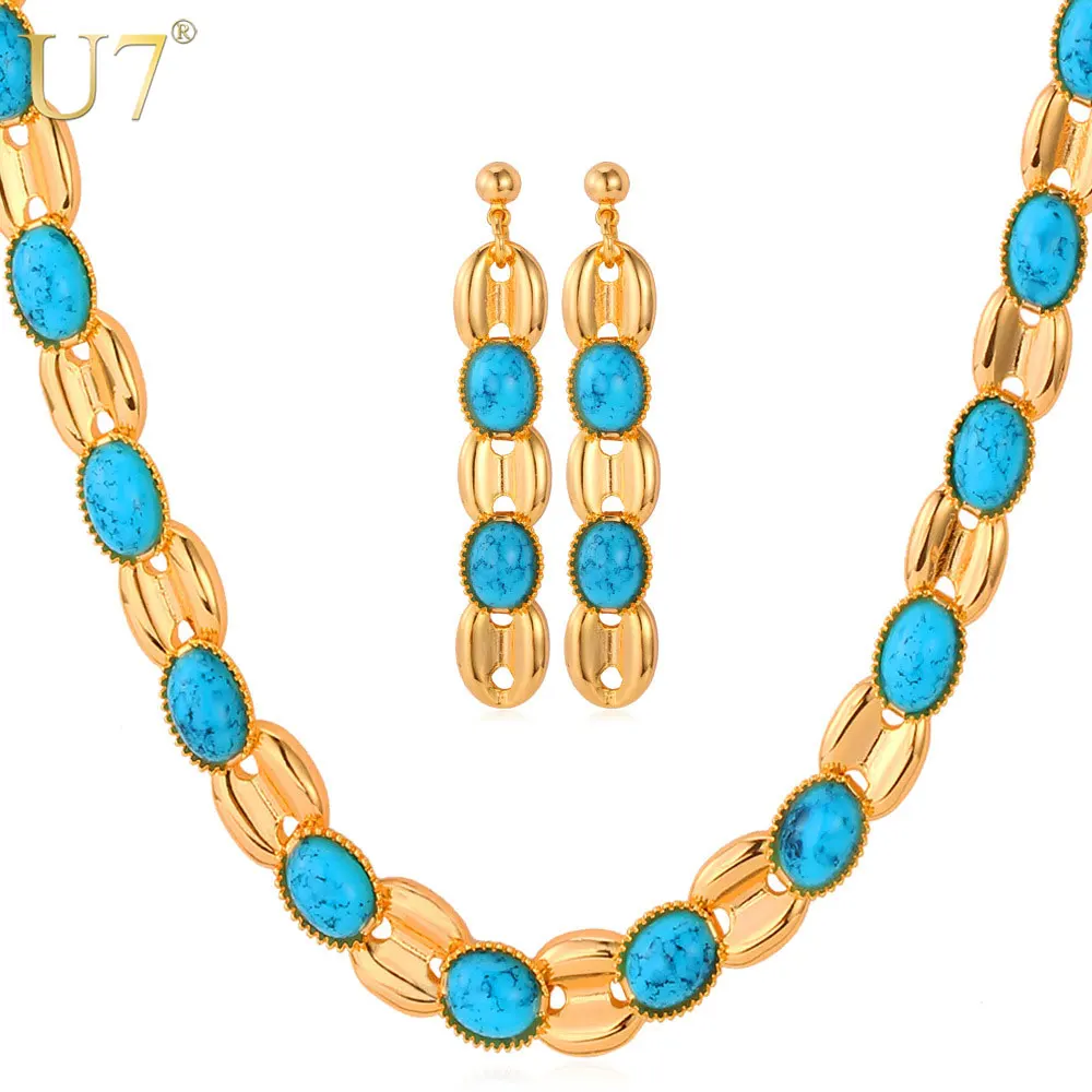 

U7 Blue Stone Necklace Set Trendy Gold/Silver Color Turkey Earrings Necklace Jewelry Set For Women S585