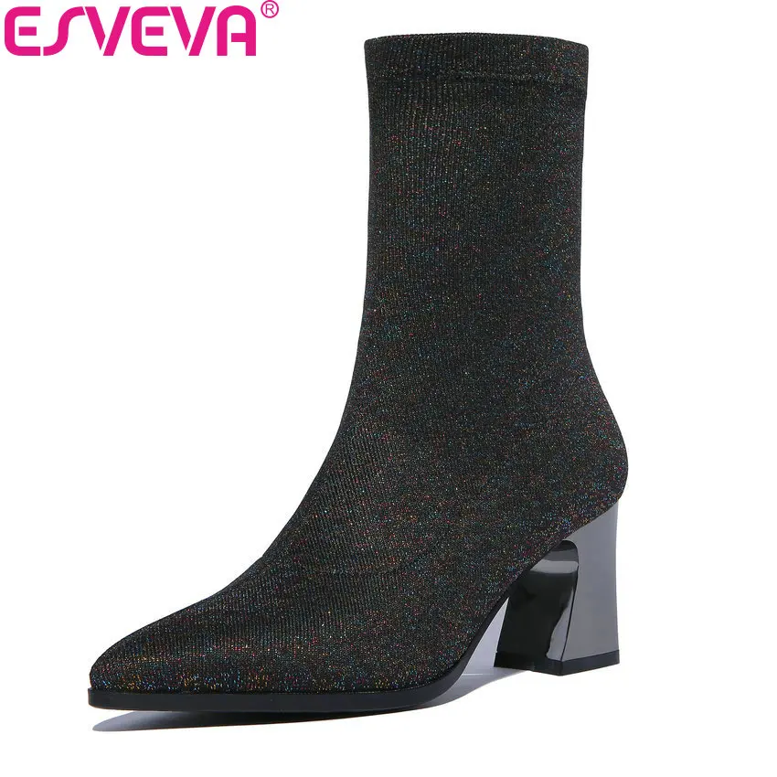 

ESVEVA 2019 Women Boots Square High Heels Stretch Fabric Mid-calf Boots Autumn Shoes Pointed Toe Slip on Boots Woman Size 34-42