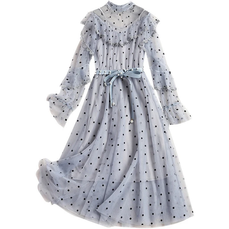 

PERHAPS U blue black beige pink lace polka dot mesh sash pearl gown long sleeve o neck midi sleeve elegant dress 2 pieces D1229