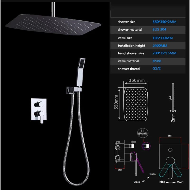 

Overhead Water Saving Shower Faucets Set 304 SUS Ceiling Rainfall Shower 550*350mm Ultrathin Panel / Hot And Cold Mixer