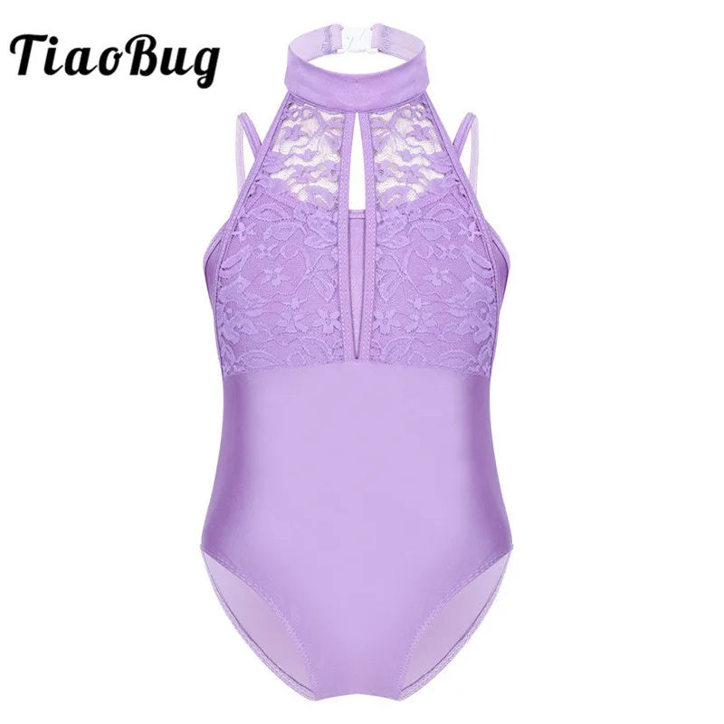 

TiaoBug Kids Spaghetti Straps Turtle Neck Lace Overlay Bodice Children Gymnastics Leotards for Girls Tutu Ballet Dance Costume