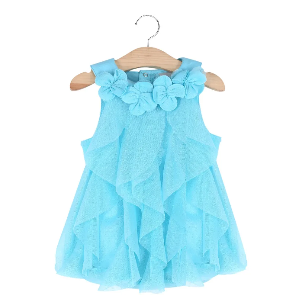 Pure Color Baby Girls Dress Cute Flower Turn Down Collar Sleeveless Mesh Kids Summer Clothes