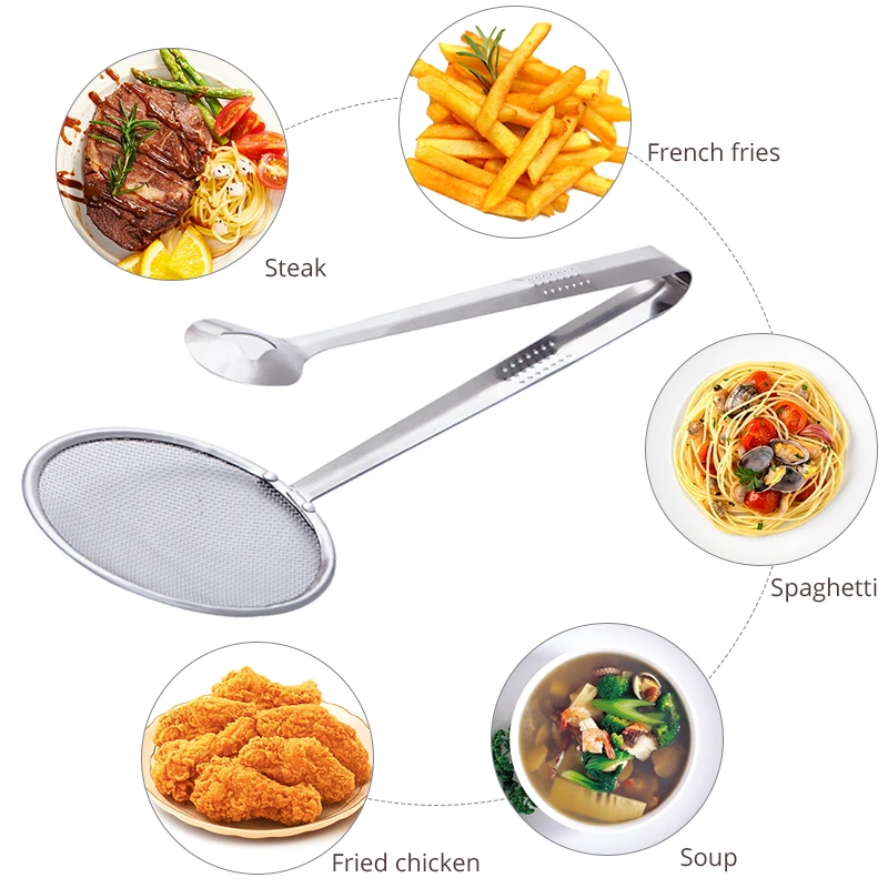 Kitchen Gadgets Tools Stainless Steel Colander oil Strainers Fried Food Filter Spoon with Clip France Fried Tong Mesh Colander