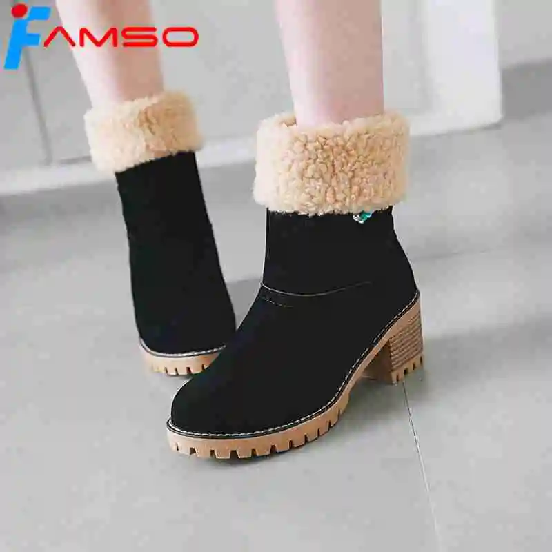 

FAMSO 2019 New Women Boots Size 34-43 Autumn High Heels Riding Boots Platforms Print Flowers Winter Female Fur Snow Boots Shoes