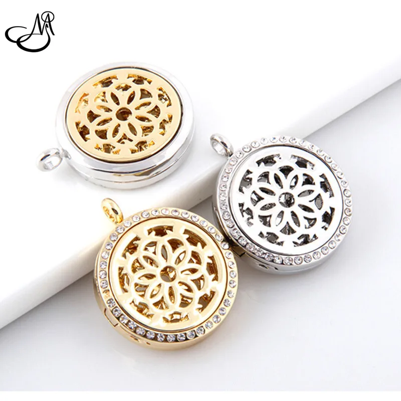 9pcs Round Crystal Alloy Flower Aromatherapy Locket Perfume Locket