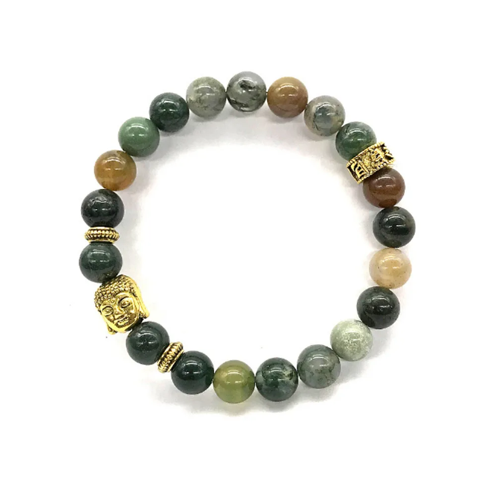 

New 8mm Natural Indian Green Agate Beads Bracelet Golden Buddha Head Six Words Charm Lava Stone Bracelet Yoga Men's Jewelry Gift