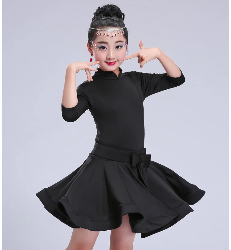 Yying Latin Dance Dress Girls Fashion Lace V-Neck Dancewear Long Sleeve Ruffle Dance Dress with Belt Rumba Samba ChaCha Stage Performance Dresses