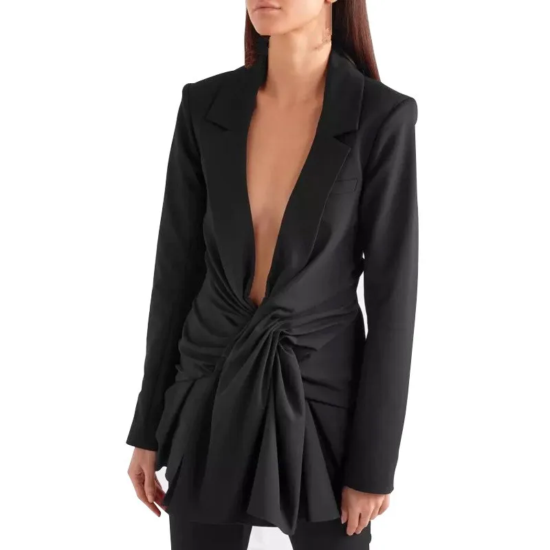 2018 Female Black Office Blazer Jacket Solid Elegant Slim Tunic Deep V Neck Sexy Outwear 2018 Female Black Office Blazer Jacket Solid Elegant Slim Tunic Deep V Neck Sexy Outwear
