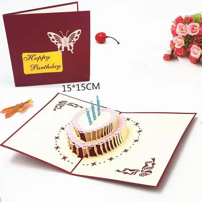 Открытка с днем рождения поздравительные подарочные открытки пустая бумага 3D ручной работы всплывающие лазерная резка винтажные приглашения на заказ с конвертом - Цвет: HK17030