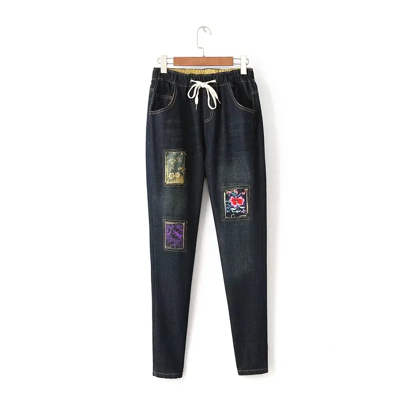 Free shipping casual women s national wind embroidery patch the hole elastic waist jeans thin pencil