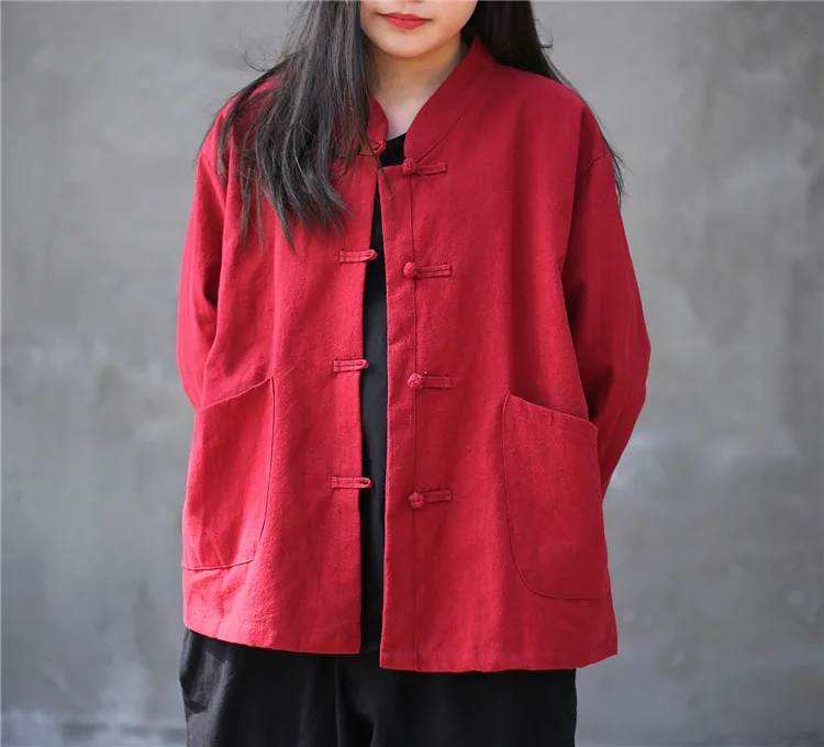 

5 Solid Colors Vintage Stand Collar Frog Buttons Big Pockets Cotton Linen Blouse, Spring Autumn Retro Ethnic Tea Zen Lady Shirts