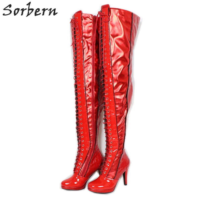 Sorbern/красные Необычные Сапоги выше колена; женские сапоги до бедра; крокодиловые сапоги на металлическом каблуке; Сапоги унисекс на заказ для толстых ног; размеры 5-15