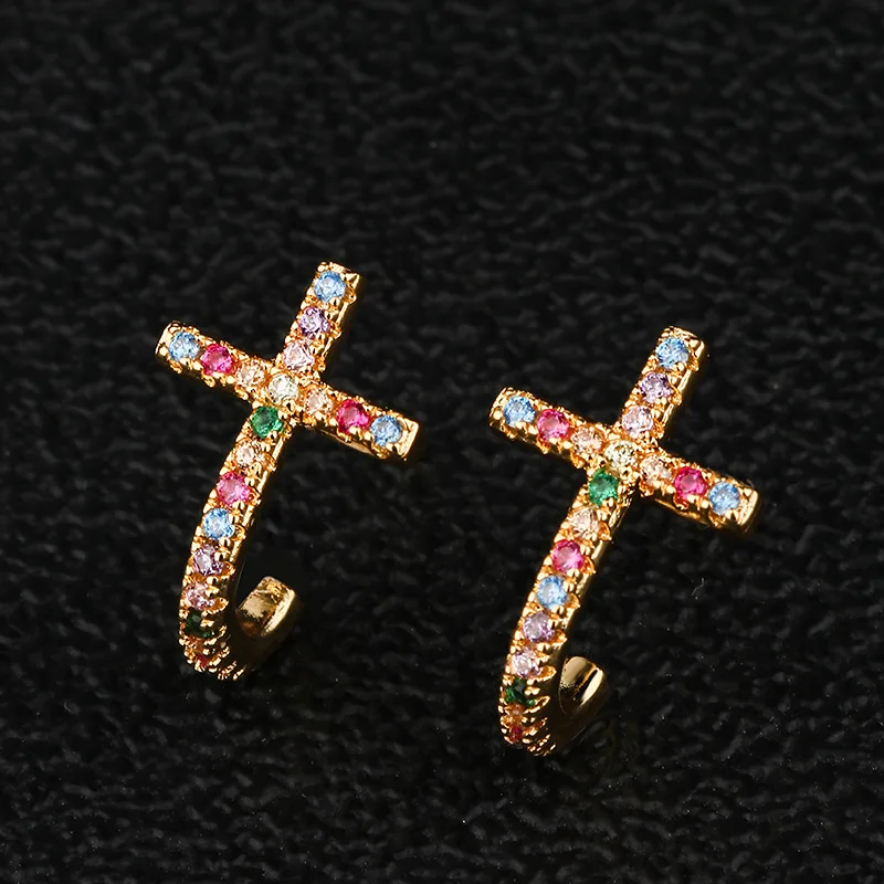 

Cross Cubic Zirconia Women Stud Earring Multi-color Stone Earrings Gold Color Luxury Crystal Minimalist Korean Jewelry MA024