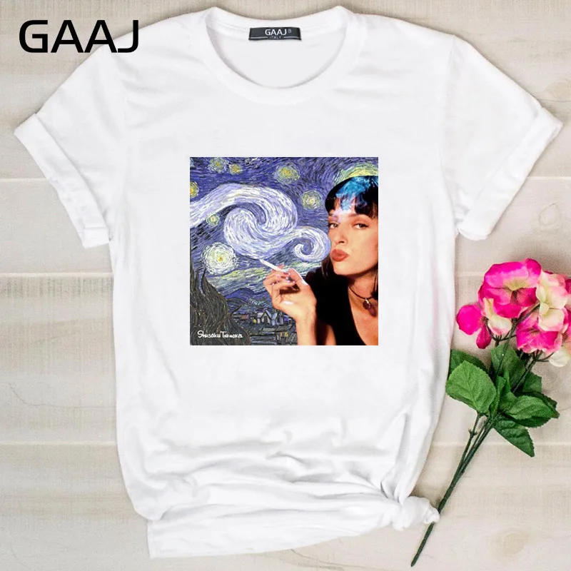 

GAAJ "Van Gogh Art Painting" T Shirt Women O Neck Tee Shirt Woman T-Shirt Print Women O-neck Fashion 2019 New Tops Short H1ZC6#