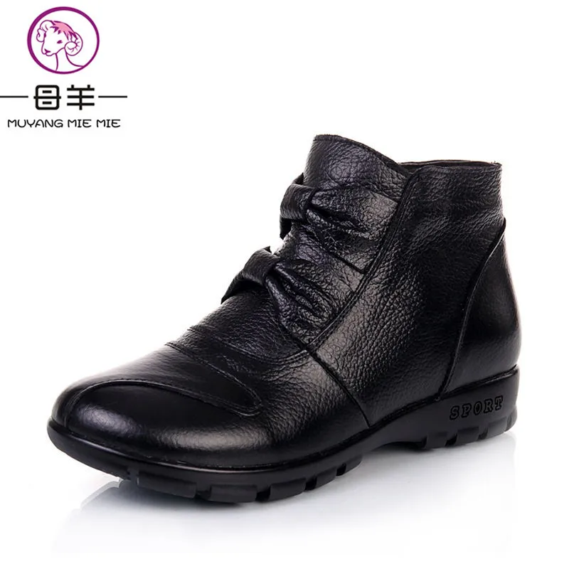 MUYANG/китайские бренды; женские ботинки из натуральной кожи; женская обувь; женская зимняя теплая обувь для мам; зимние женские ботинки на плоской подошве - Цвет: 1581