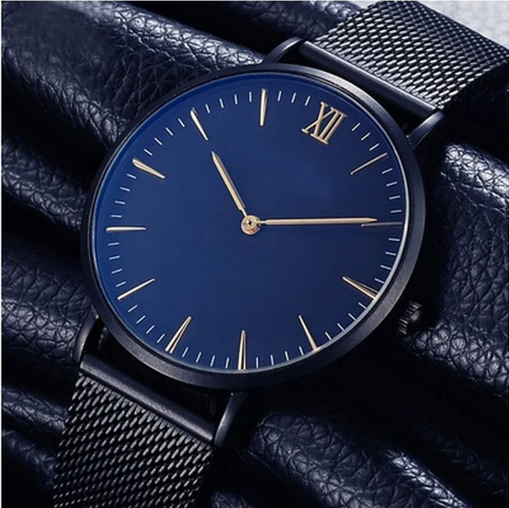

Drop shipping Blue Dial Watches men women lovers Clock Top Brand Luxury Stainless Steel Mesh Band Ultra Thin Watch Montre Femme
