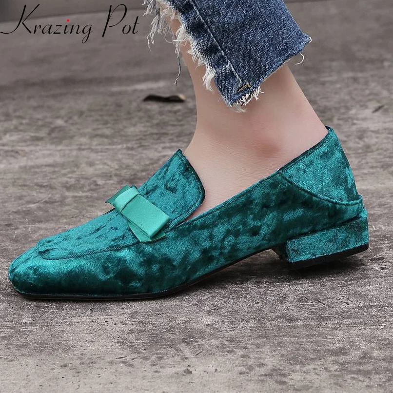 

Krazing Pot new velvet material genuine leather butterfly-knot decoration low heels slip on loafer square toe big size pumps L58