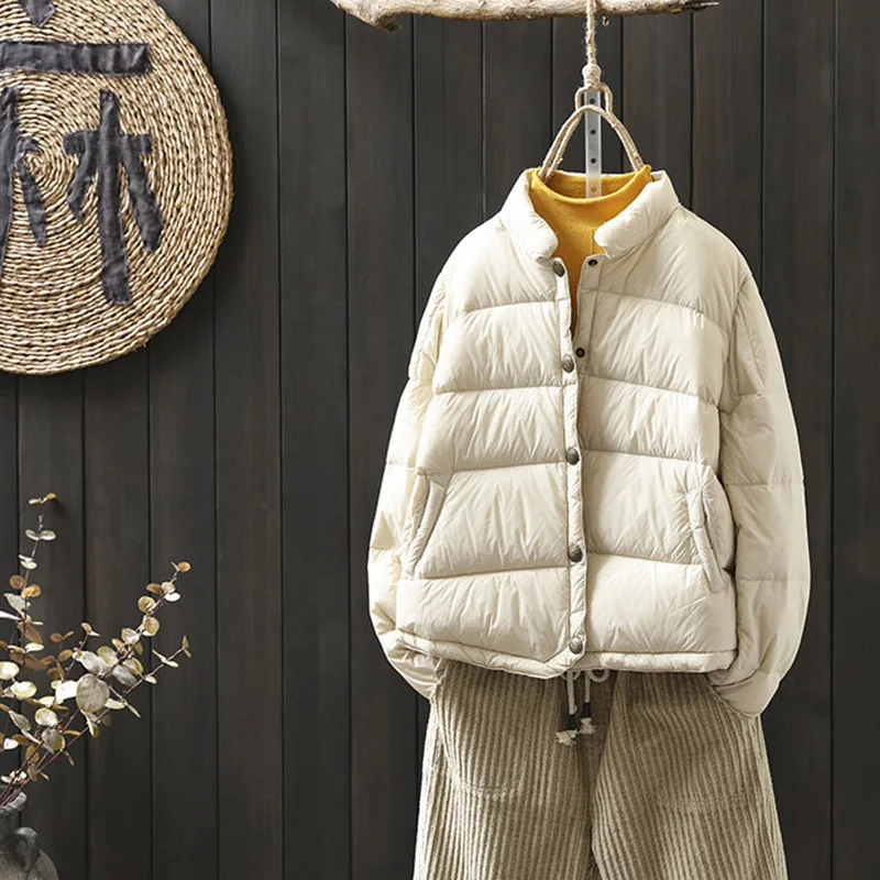 

Spring Autumn New Down Coat Women Short Light Thin Stand Collar 90% White Duck Down Jacket Solid Color Loose Simple Down Coats