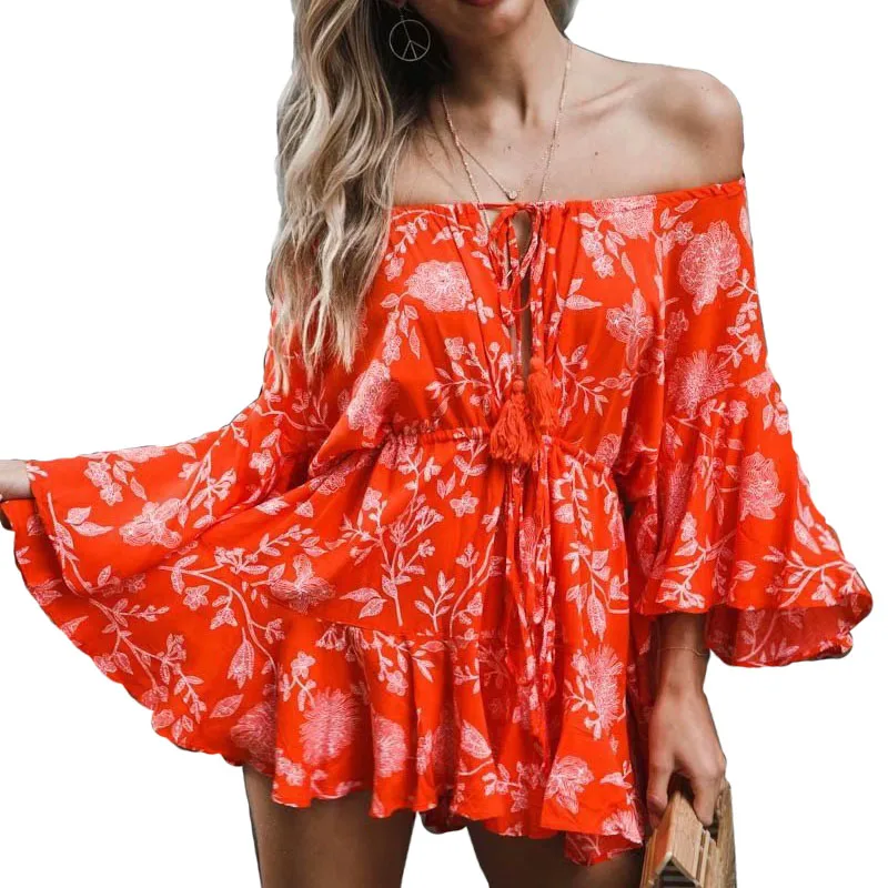 

Ruffles Summer Vintage Women Casual Playsuits Print Off Shoulder 2019 Short Jumpsuit Rompers Bohemian Playsuit LL12