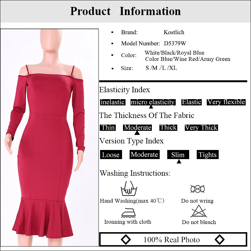 Kostlich Spaghetti Strap Long Sleeve Ruffles Mermaid Party Dresses Slash neck Bodycon Sexy Women Midi Dress 6 Colors Clothing (28)