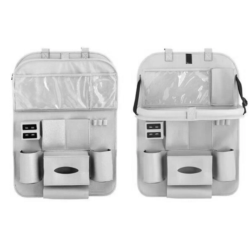 Car Backseat Organizer with Dining Table PU Leather PVC Transparent Bag Auto Back Seat Pocket Storage Bag Tray with 4 USB Ports (11)