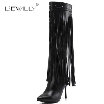 

Lsewilly 2018 Winter New Fringe Over The Knee Boots Tassel Women's Long Boots Thin High Heel Motorcycle Shoes PLus Size 32-43