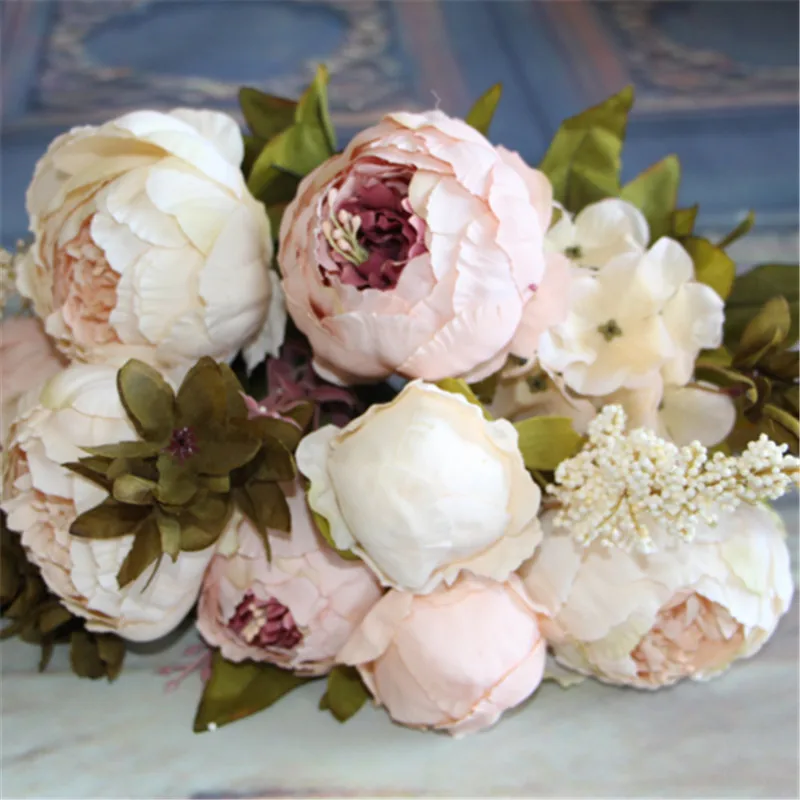 Image Artificial Flowers Silk flower European Fall Vivid Peony Fake Leaf Wedding Home Party Decoration 9454