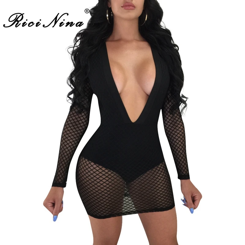 RICININA 2019 Sexy Bodycon Dress Women Deep V Neck Long Sleeve Hollow Out Pencil Dress Ladies Summer Club Party Mini Dresses