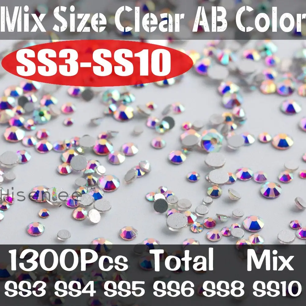 SS3 - SS10 - 1300pcs SS3-SS40, разные размеры, стеклянные 3D наконечники, плоская дрель, клей для страз, Стразы для ногтей без горячей фиксации, для украшения ногтей своими руками - Цвет: SS3 - SS10 - 1300pcs