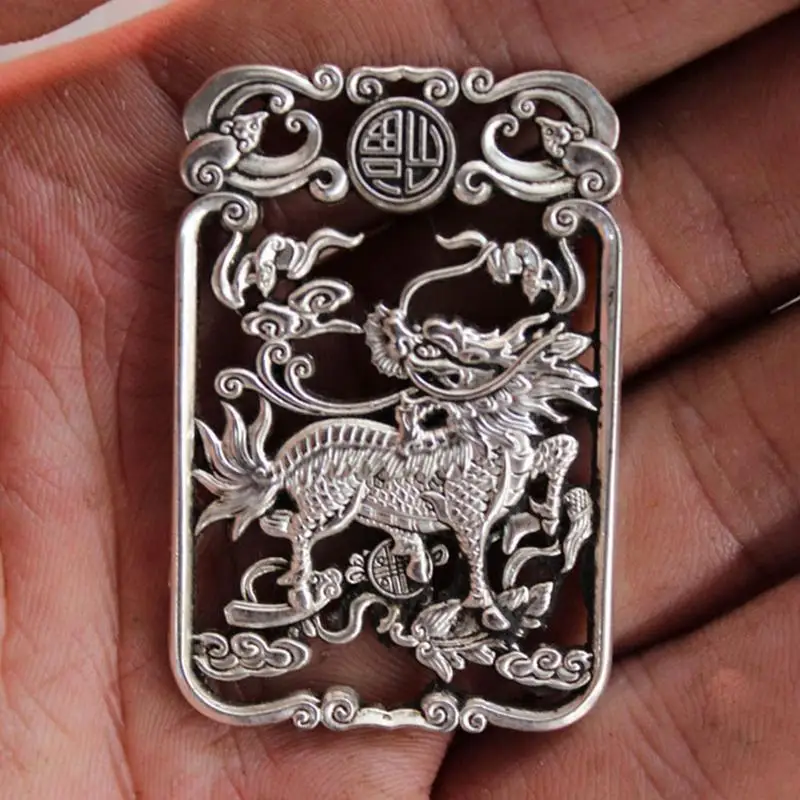 

Chinese tibet Silver dispel evil Unicorn divine beast statue amulet necklace pendant metal handicraft gift