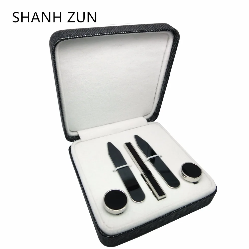 SHANH ZUN классические металлические запонки из нержавеющей стали и зажим для галстука и воротник остается черный пистолет подарочный набор для мужчин платье рубашка