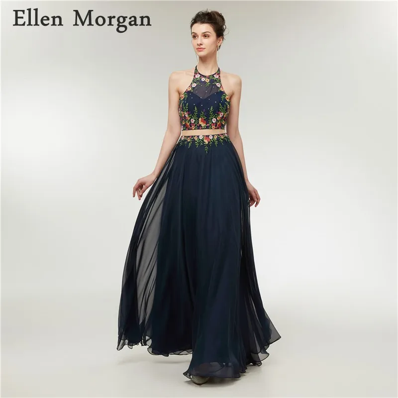 Navy Blue Chiffon 2 Pieces Prom Dresses for Women Wear