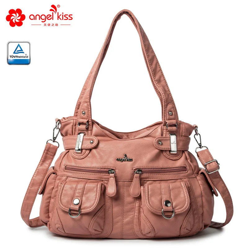  Angel Kiss Brand Skin-friendly Top Handle Satchel Shoulder Bag Washed PU Leather Tote Handbag Women - 33039636490