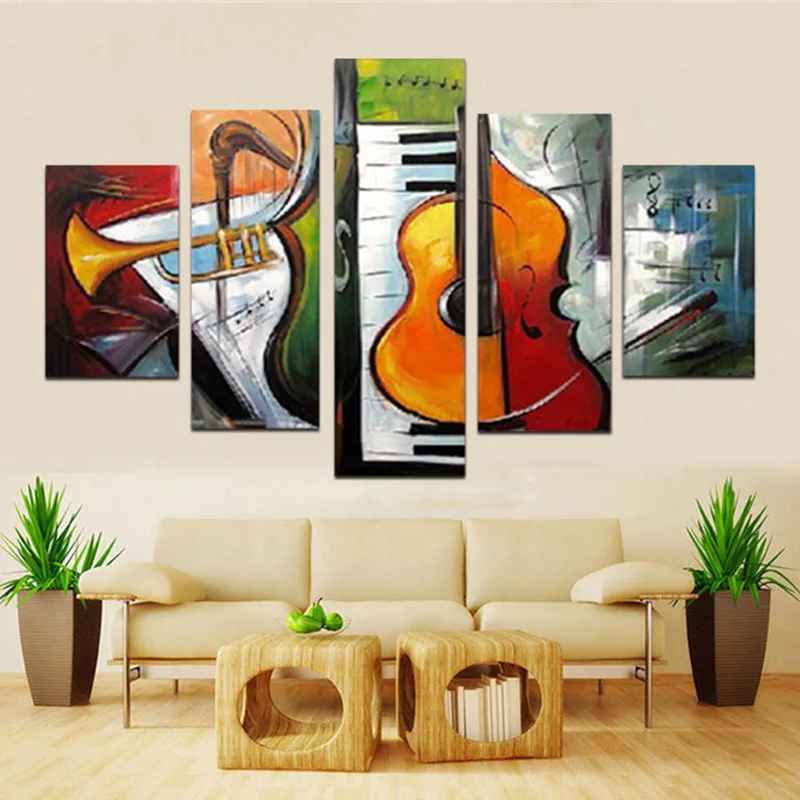 

Large 5 Piece Canvas Wall Art Modern Abstract Oil Painting Handpainted Musical Instruments Paintings Picture Set For Living Room