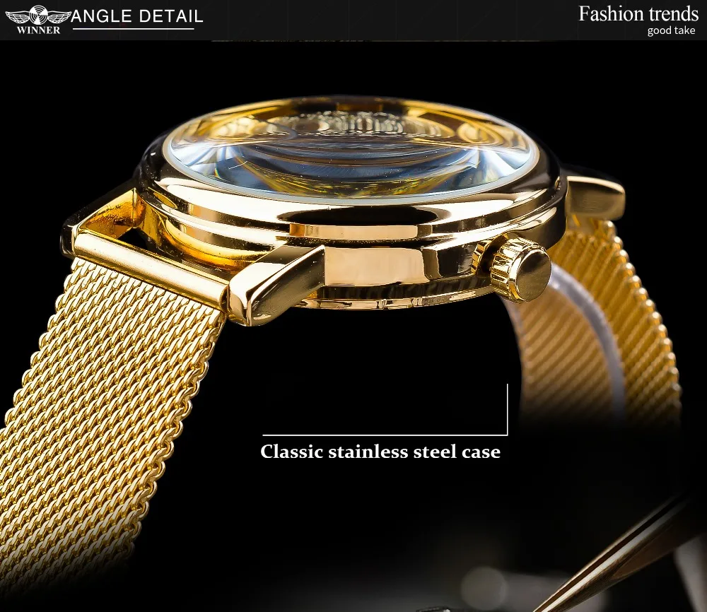 Winner Thin Case Full Golden Design Retro Openwork Clock Mesh Band Men's Mechanical Watches Top Brand Luxury Luminous Hands