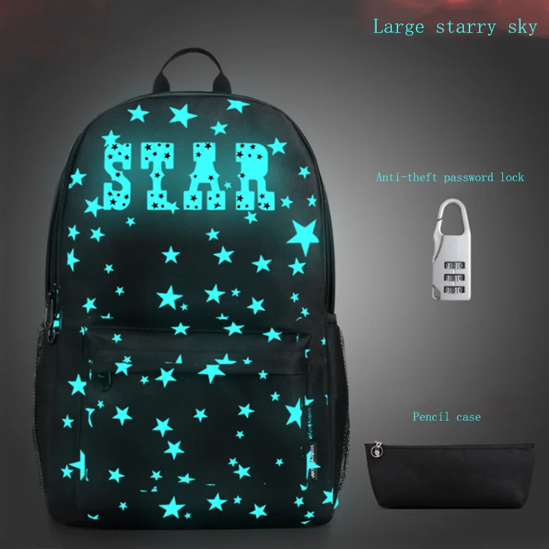 Сумка для компьютера, Студенческая сумка средней школы, мужская светящаяся уличная сумка-рюкзак плюс ручка и Противоугонная блокировка паролем - Цвет: Large starry sky