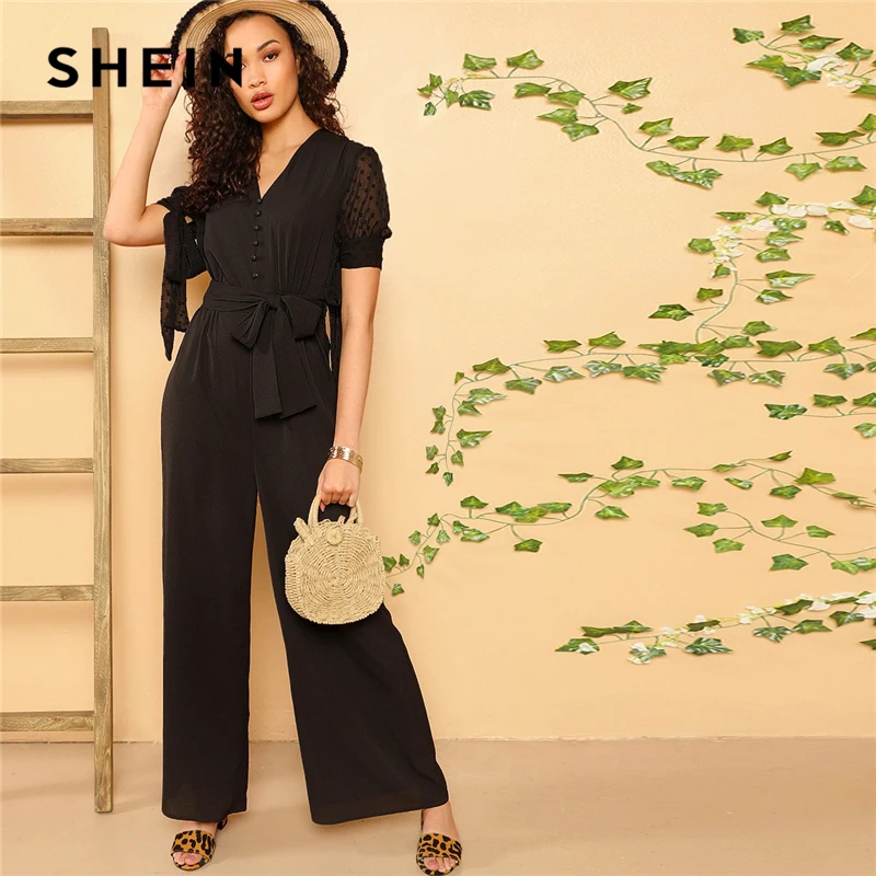 SHEIN Boho Black Knotted Sleeve Half Placket Palazzo Belted Jumpsuit