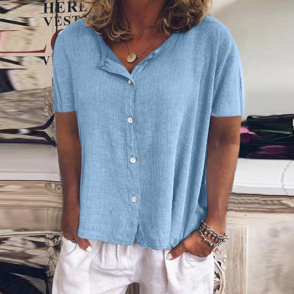 

Women Summer Blouse Buttoned Short Sleeve Casual Solid Top blusas mujer de moda 2019 womens tops and blouses camisas mujer NEW