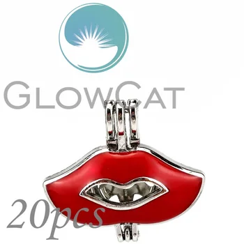 

20x Enamel Lady Red Lips Beads Cage Perfume Diffuser Aroma Oyster Pearl Cage Locket Pendant KK943
