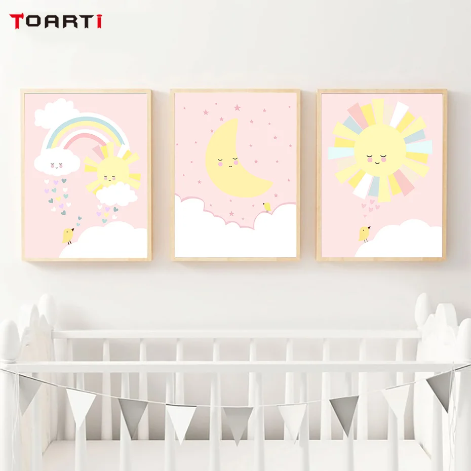 Pink Sun Rainbow Moon Wall Art Canvas Painting  (2)
