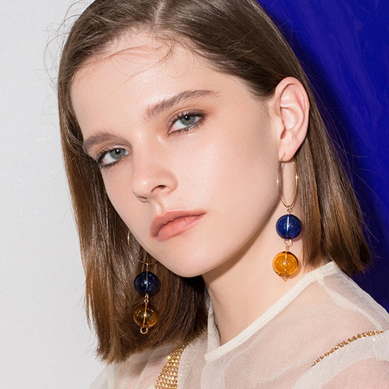 

Blue And Yellow Glass Balls Hoop Earrings For Women 2019 Unique Original Design Dreamlike Korean Bubble Long Earrings Brincos