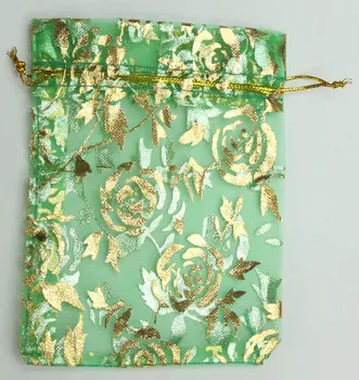 

Wholesale 100pcs/lot 7x9cm Rose Gold Bronzing Organza Bags Green Jewelry Bags And Packaging Small Drawstring Pouches Gift Bag